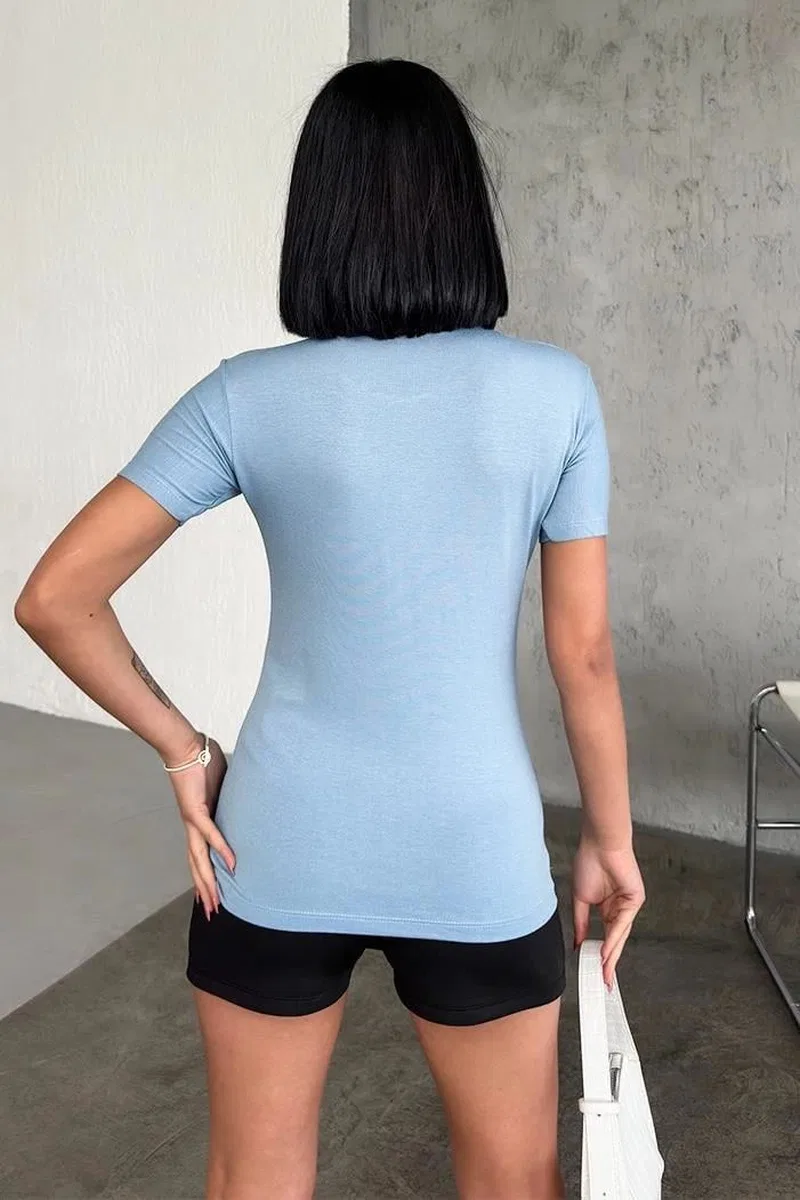 Rahat Ve Şık Kısa Kollu Bisiklet Yaka Likralı Viskon Penye Body Bebe Mavisi görsel 3