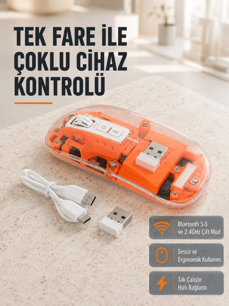 Çift Modlu Kablosuz Bluetooth 5. 0 + 2. 4ghz Mouse – 3 Cihaz Bağlantılı, Hızlı Geçiş Düğmeli