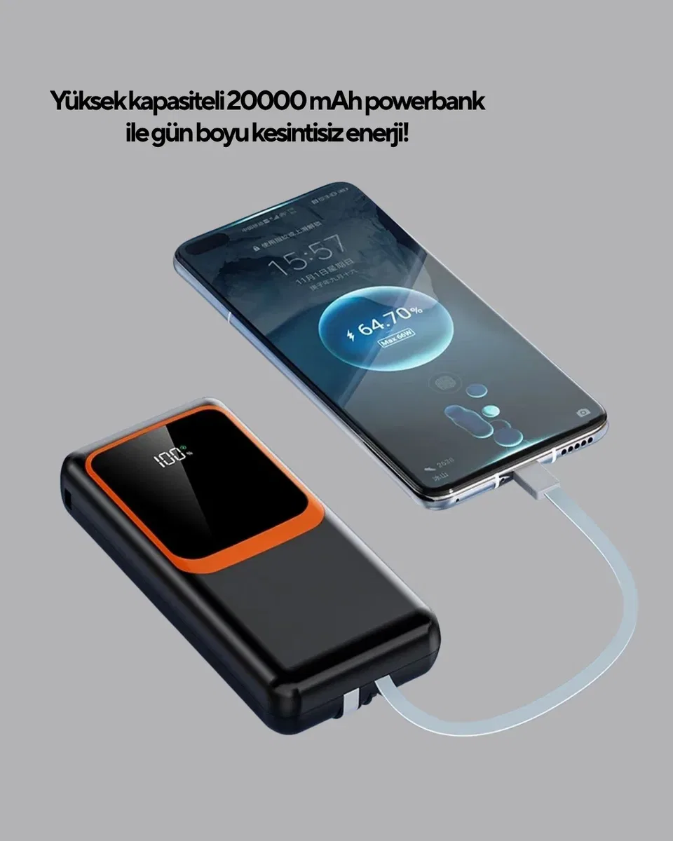 Powerbank 20000 mAh 22. 5W Hızlı Şarjlı ve Kompakt Çoklu Kablo Çıkışlı görsel 5