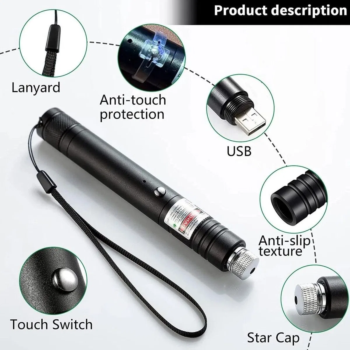 Fithome 100mw Desen Başlıklı Usb Şarjlı Yeşil Lazer Pointer görsel 4